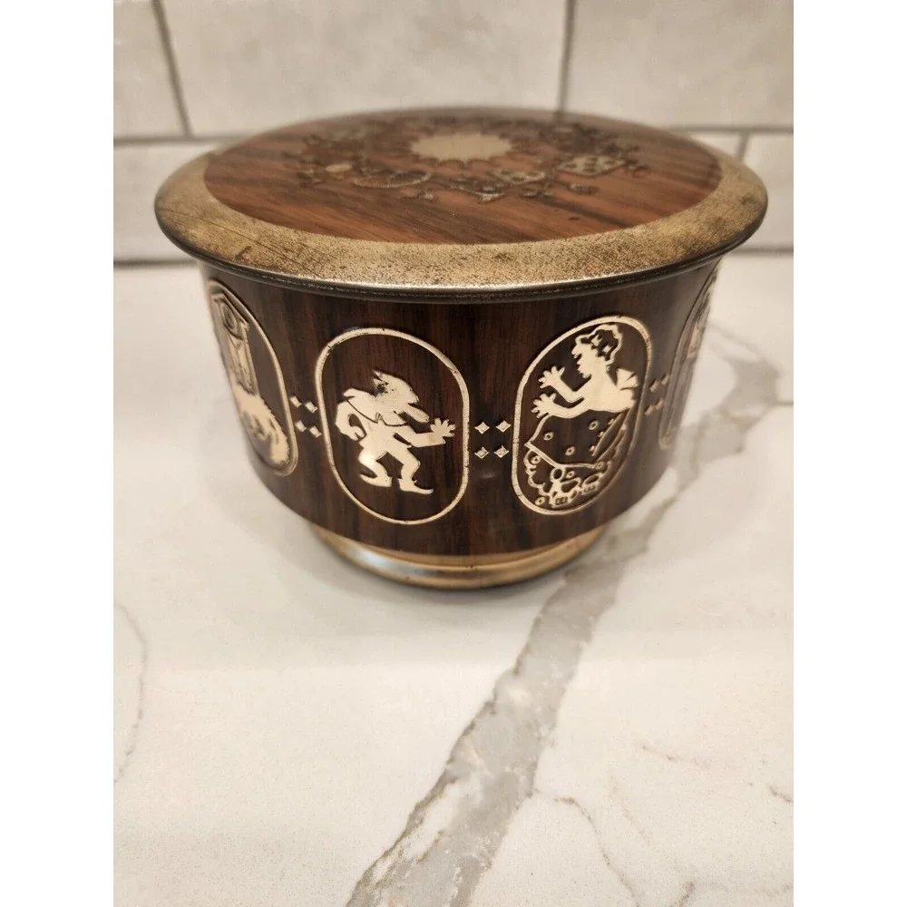 VTG West‎ Germany Storage Tin Fairy Tale Characters Brown And Gold Box Container